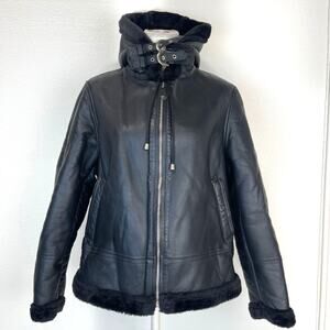 Women's Black Real Leather Grace Shearling Hooded Jacket Coat Faux Fur Size XXL